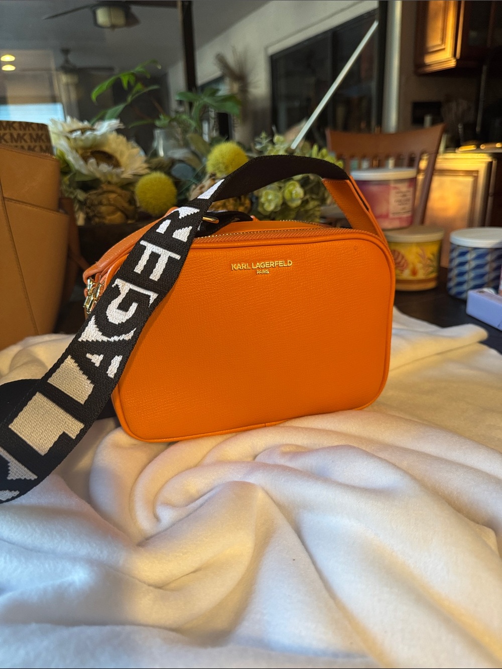 Karl Lagerfeld Orange Pebbled Crossbody Bag black white Logo Strap gold hardwear